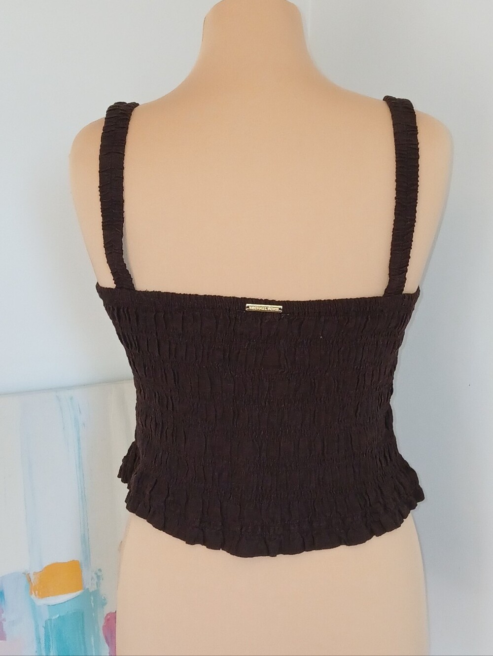 Michael Kors Linen Blend Smocked Square Neck Cami, Dark Brown/ Summer 26 piece - Picture 4 of 9